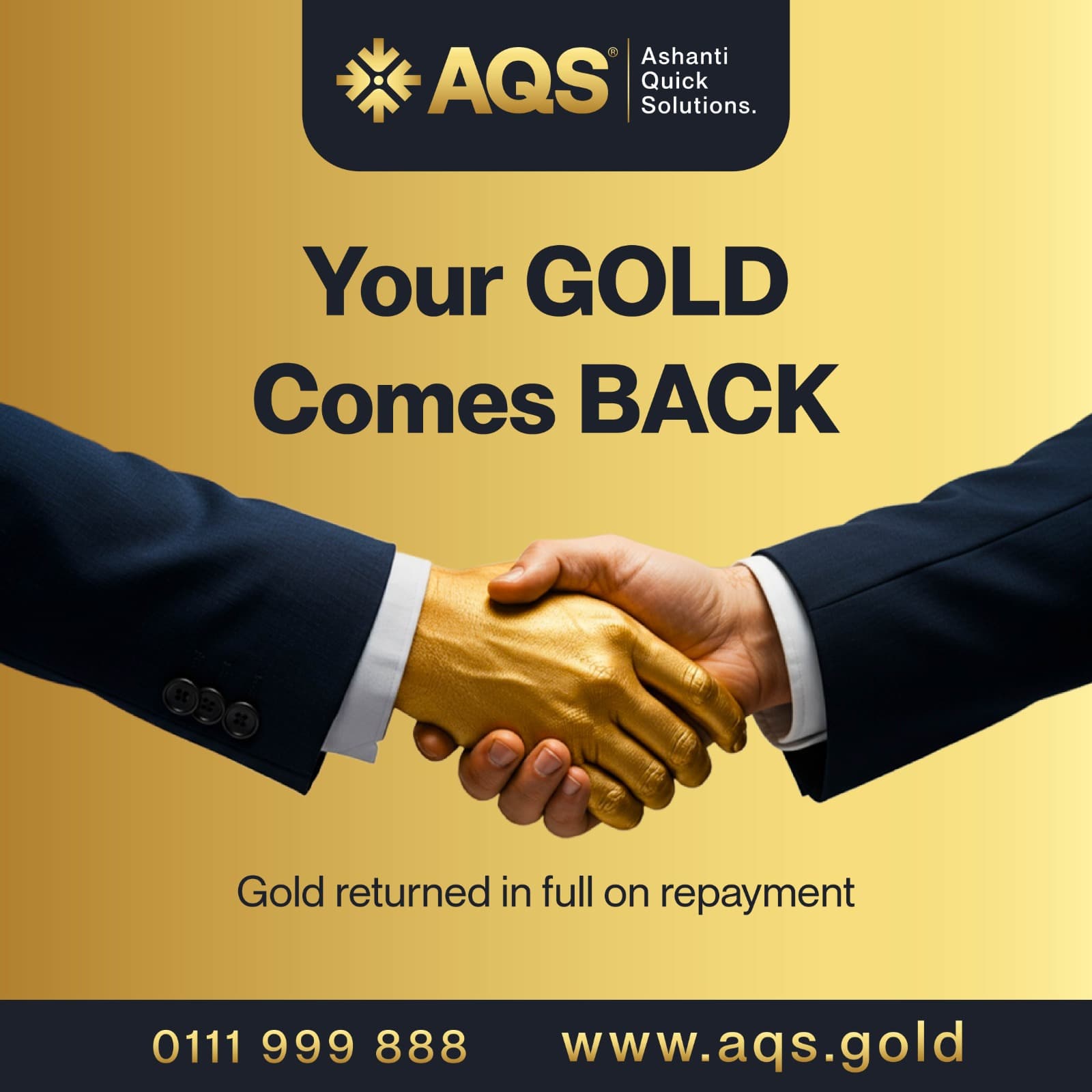 Square post of two business people shaking hands, one hand painted gold, under the headline Your gold comes back.