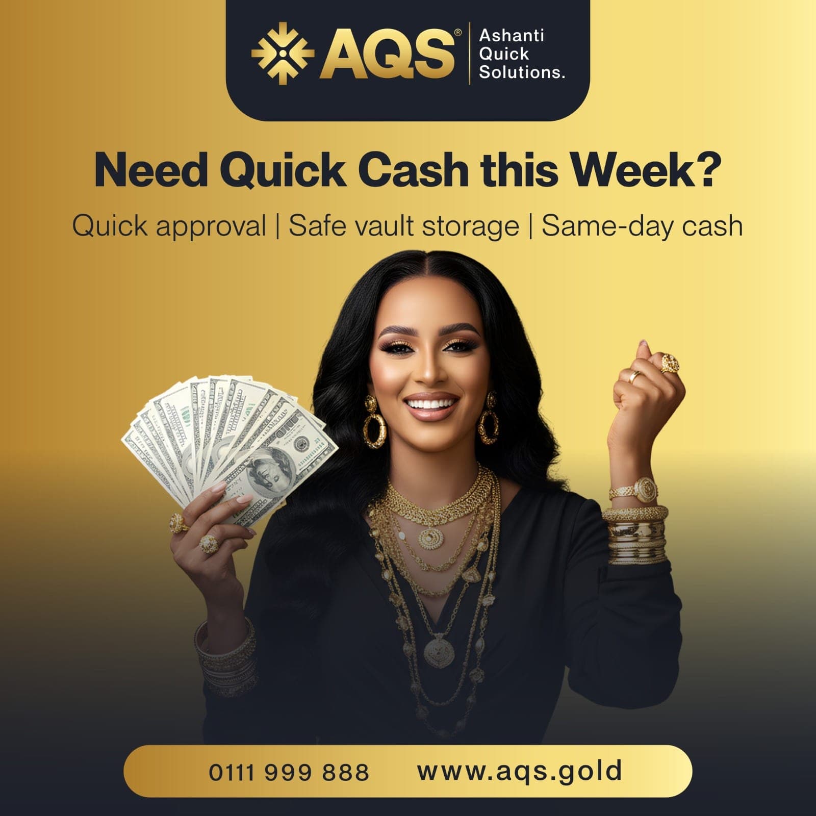 Square post of a smiling woman fanning banknotes on a gold background, under the headline Need quick cash this week? with the points Quick approval, Safe vault storage, Same-day cash.
