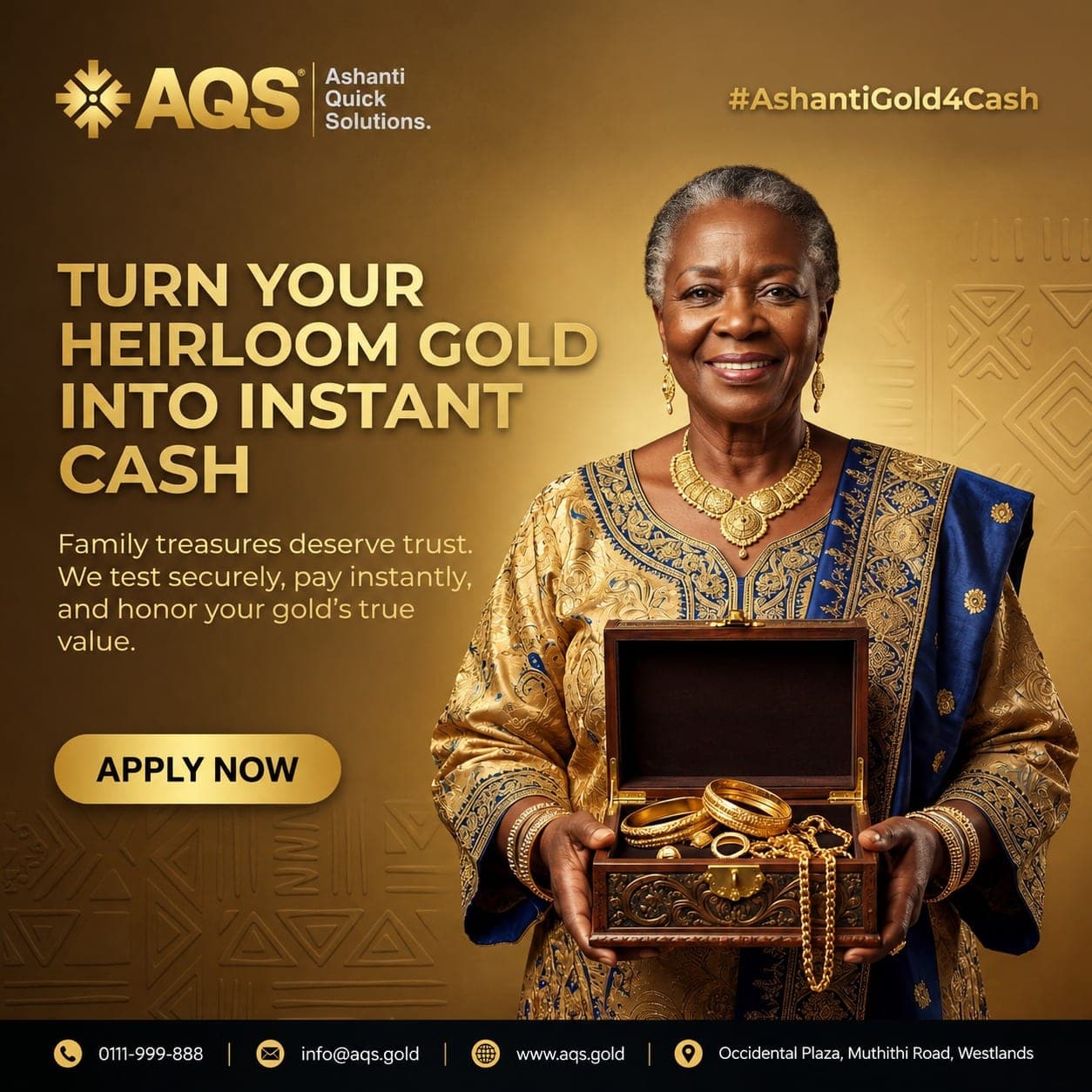 Post of an older woman in traditional dress holding a chest of gold jewellery, with the headline Turn your heirloom gold into instant cash and an Apply now button.