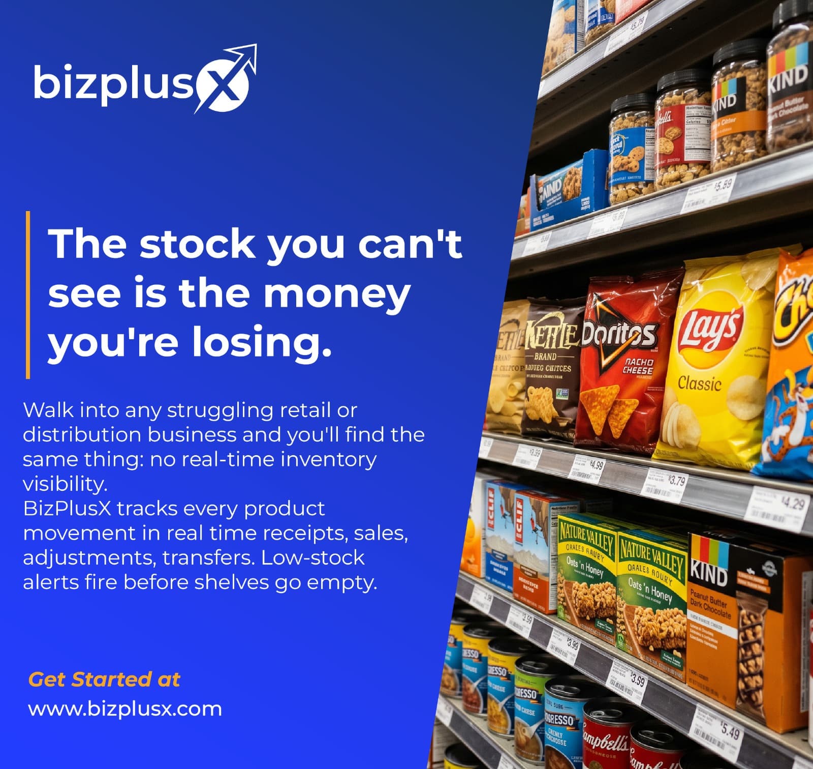 BizPlusX ad with the headline The stock you can't see is the money you're losing, beside a photo of well-stocked snack shelves.