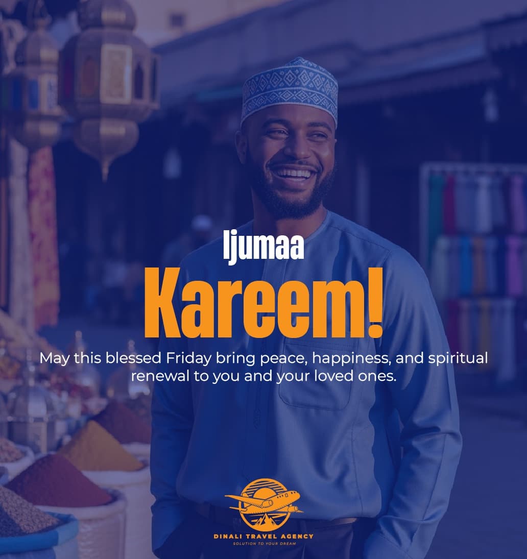 Friday greeting post reading Ijumaa Kareem over a smiling man in a kufi at a market, with the Dinali Travel Agency logo.