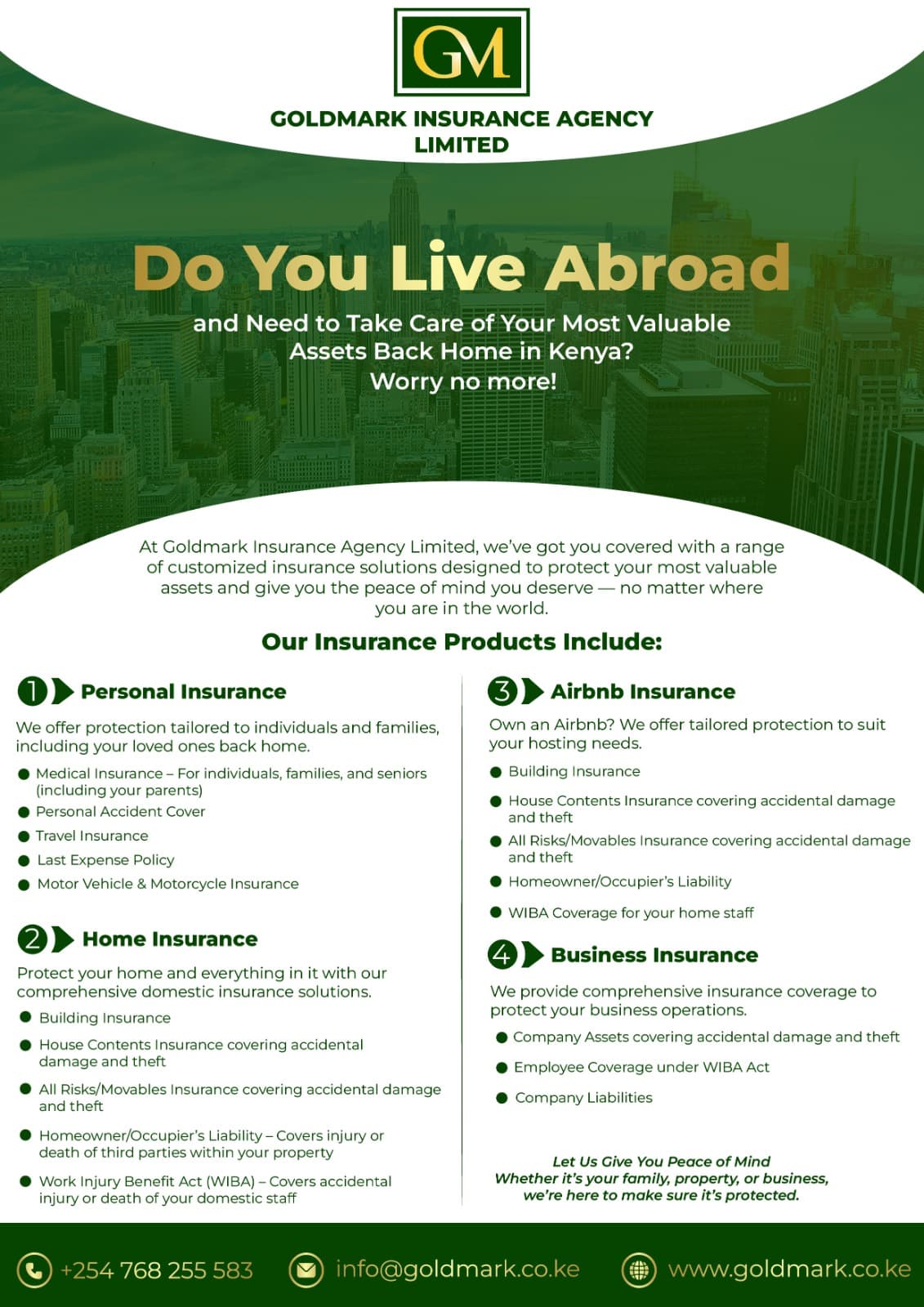 Goldmark Insurance flyer for Kenyans living abroad, listing personal, home, Airbnb and business insurance products over a city skyline.