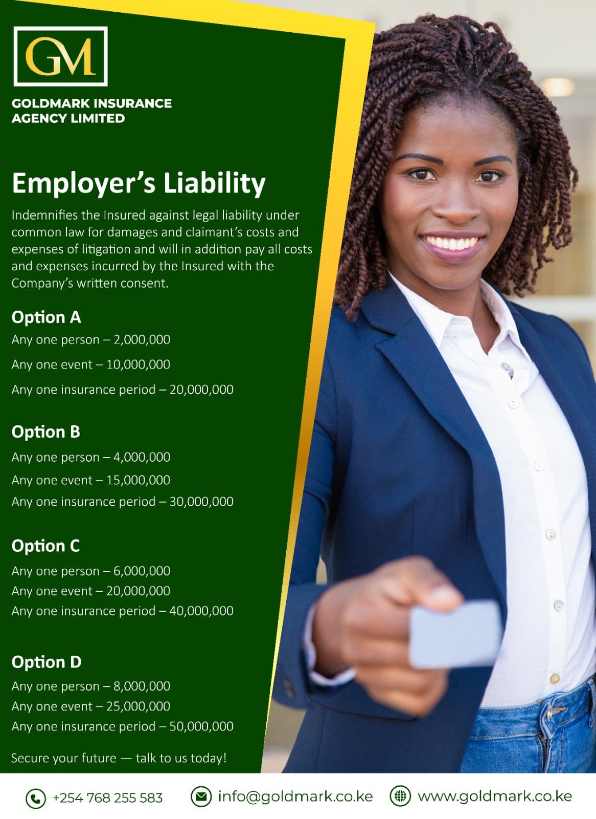 Poster explaining employer's liability cover with four option tiers listed beside a smiling woman holding out a card.