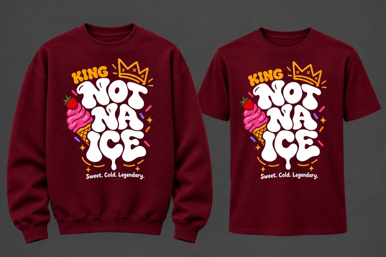 Matching maroon sweatshirt and T-shirt carrying the King Not Na Ice crown graphic and the line Sweet. Cold. Legendary.