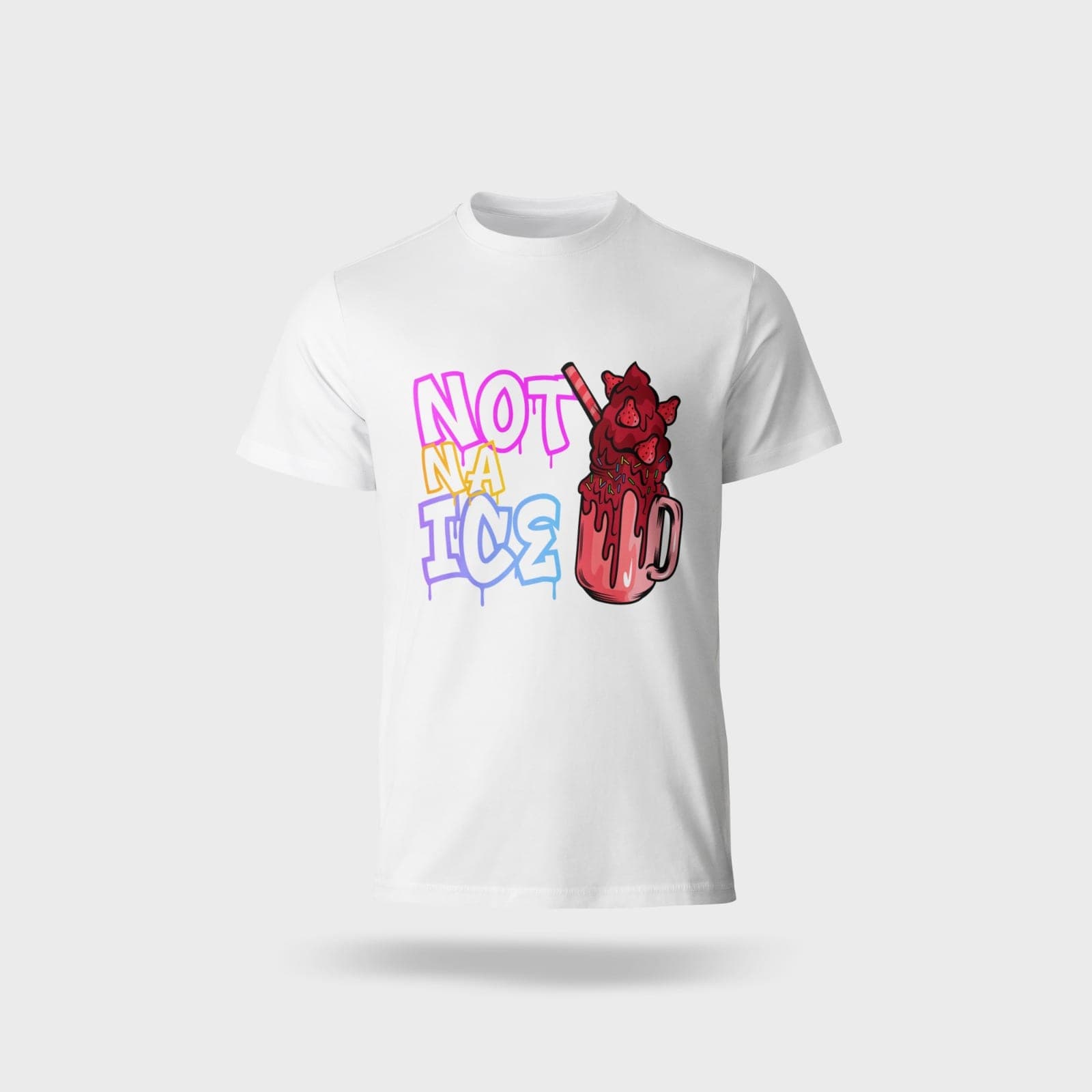 White T-shirt printed with the graffiti Not Na Ice wordmark beside an illustrated strawberry milkshake.