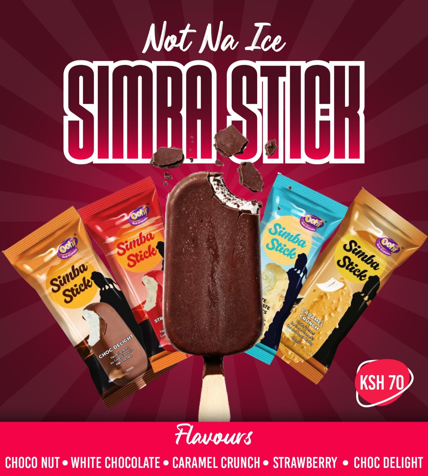 Product poster for the Simba Stick ice lolly showing five wrapped flavours fanned around a bitten chocolate stick, priced at KSh 70.