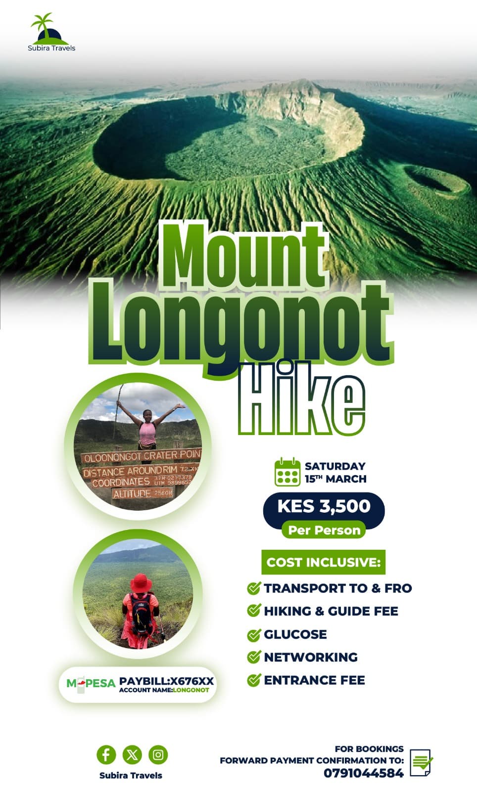 Subira Travels poster for a Mount Longonot hike, with an aerial photo of the crater, date, price per person and the cost inclusions.