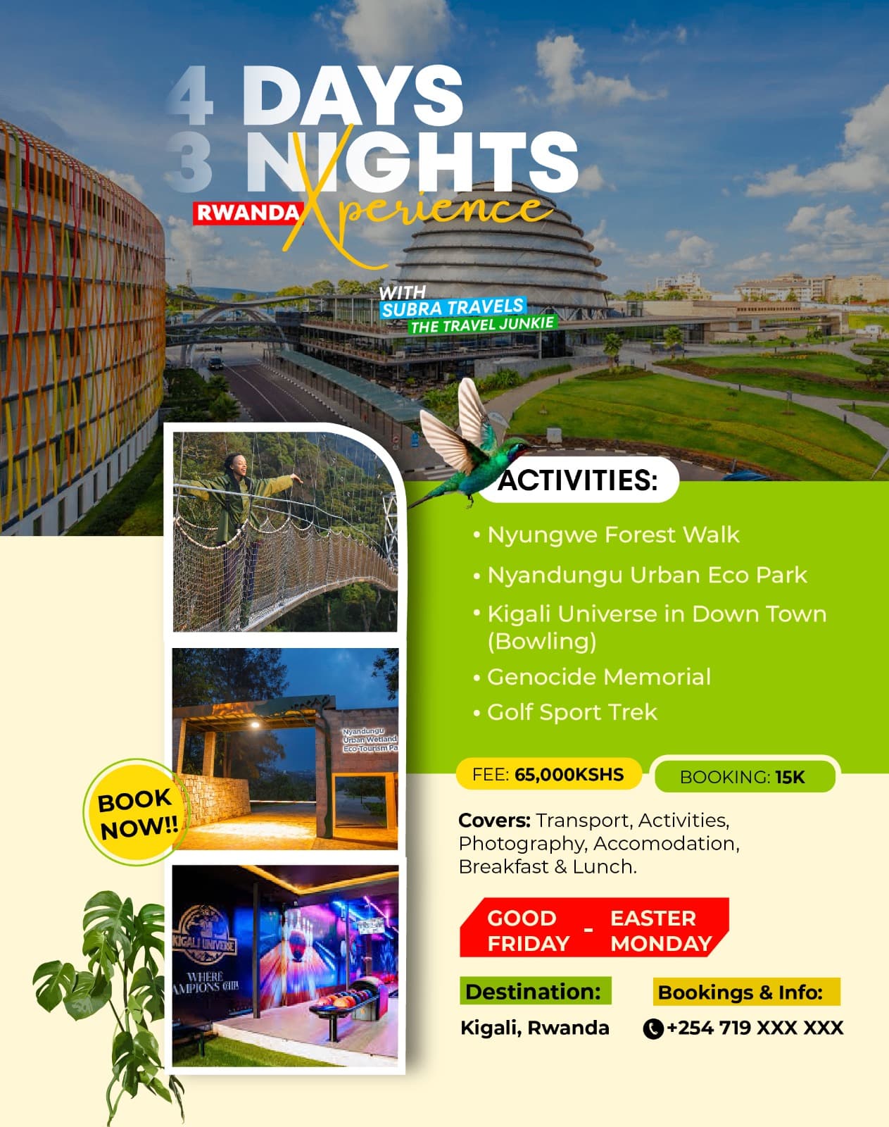 Subira Travels poster for a four-day Rwanda trip, with photos of Kigali landmarks, a list of activities, the fee and booking details.